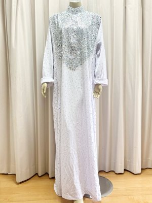 画像1: ストーンたっぷりスタンドカラーの白ガラベーヤ