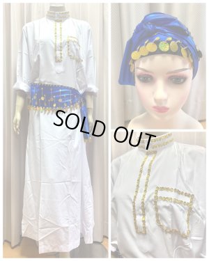 画像1: 20％OFF　白バラディ、スタンドカラーガラベーヤ(ヒップ＆ヘッドスカーフ付き)Mサイズ