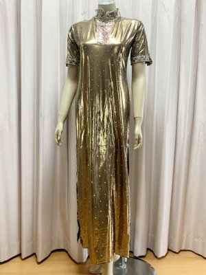 画像1: スタンドカラー・クリスタル付きバラディドレス