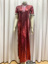 スタンドカラー・クリスタル付きバラディドレス