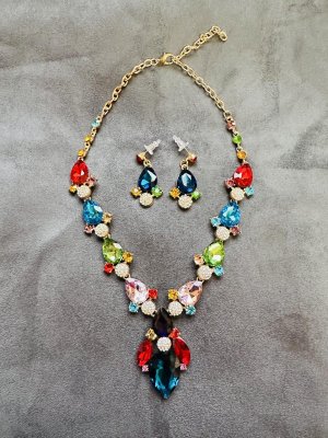 画像1: マルチカラークリスタルネックレス＆ピアスセット