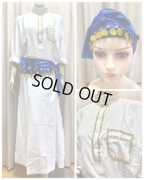 画像1: 20％OFF　白バラディ、スタンドカラーガラベーヤ(ヒップ＆ヘッドスカーフ付き)Mサイズ (1)