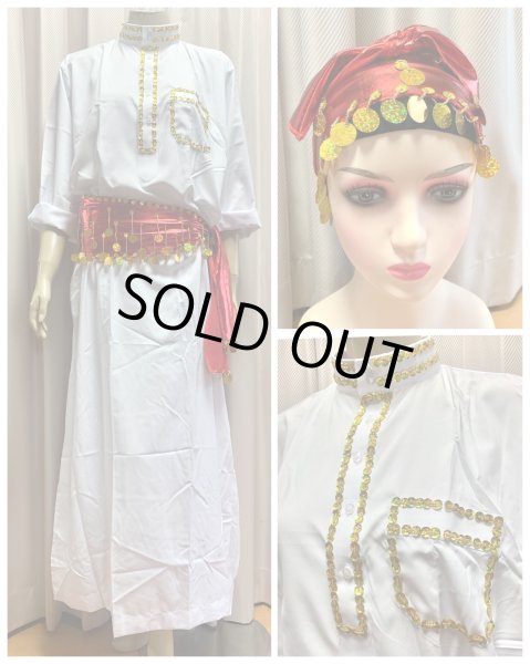 画像1: 20％OFF　白バラディ、スタンドカラーガラベーヤ(ヒップ＆ヘッドスカーフ付き)Lサイズ (1)